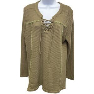 L Love Olive Lace-Up Waffle Knit Top Long Sleeve Boho Cottagecore L